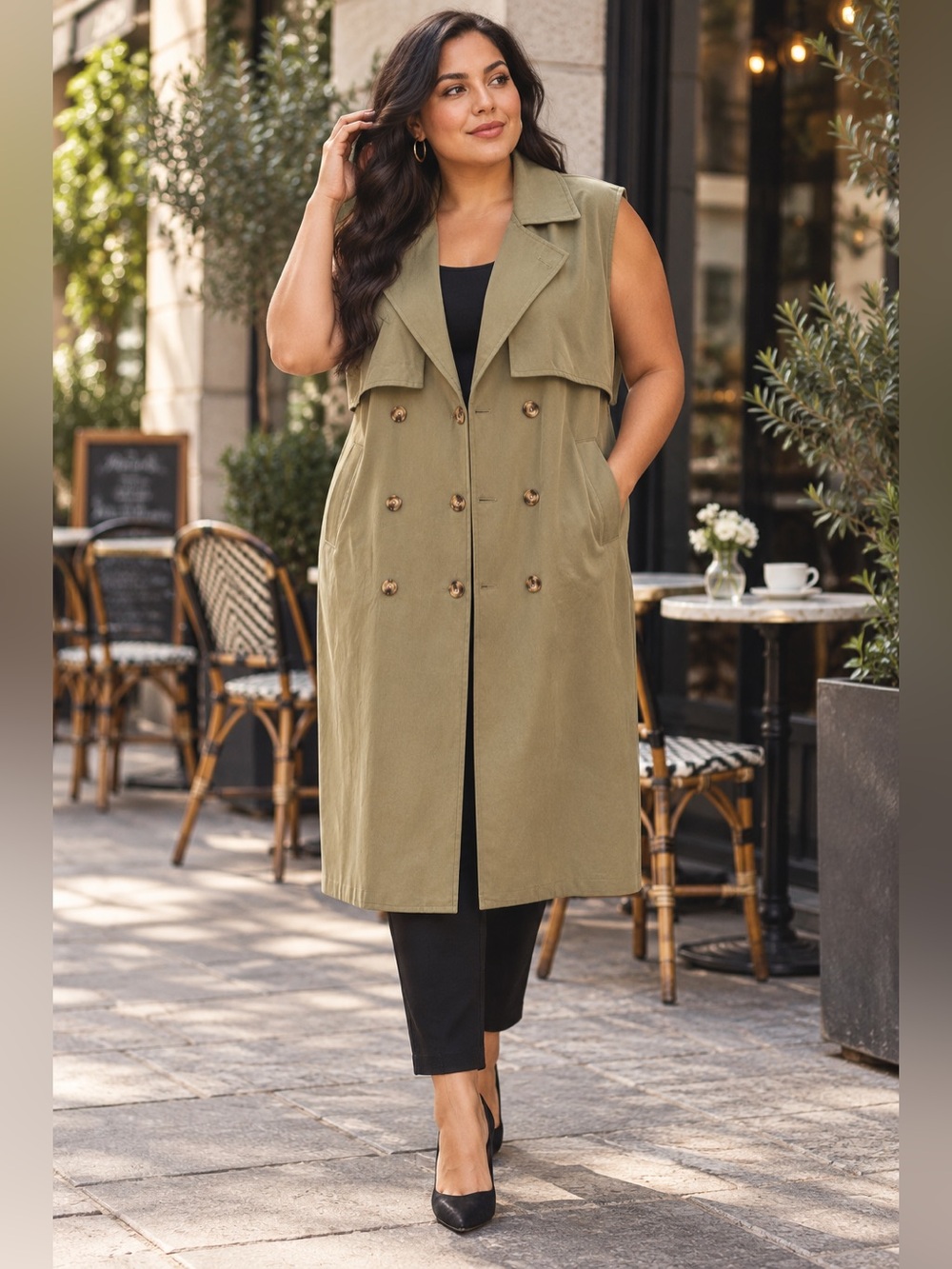 Olive Khaki Sleeveless Trench Vest Long Cotton Duster Utility Jacket M/L